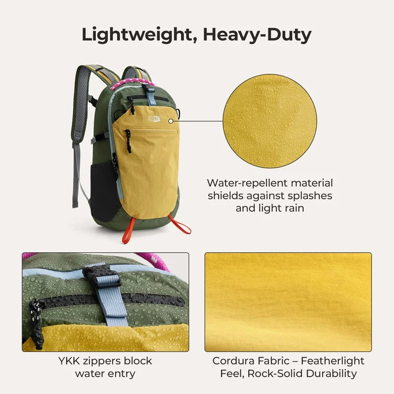 Olive green laptop backpack featuring a yellow water-repellent fabric section and Cordura fabric details.