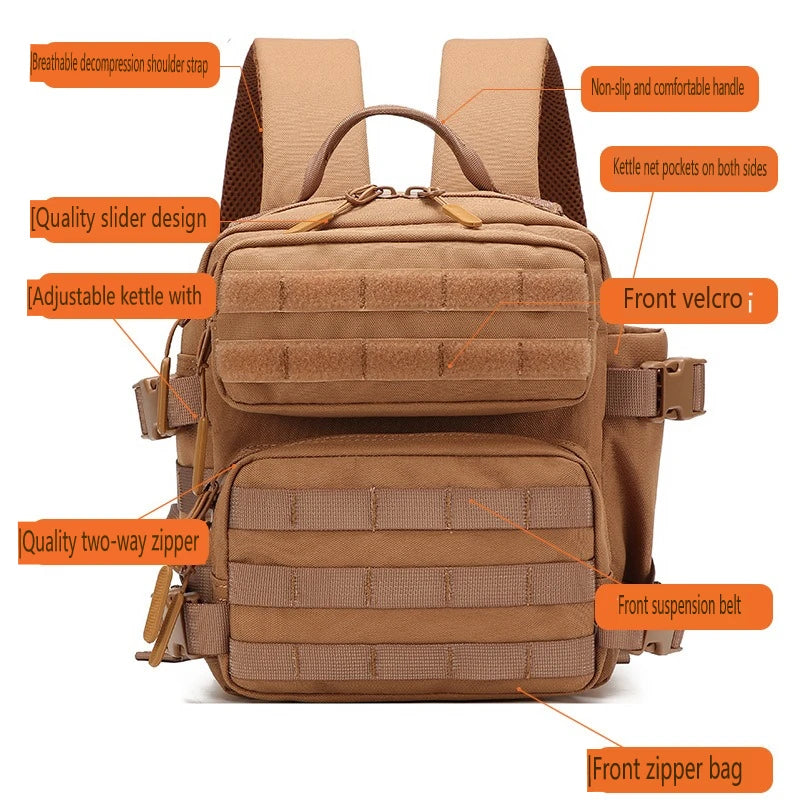Brown tactical backpack with multiple pockets and adjustable features for hiking and everyday carry