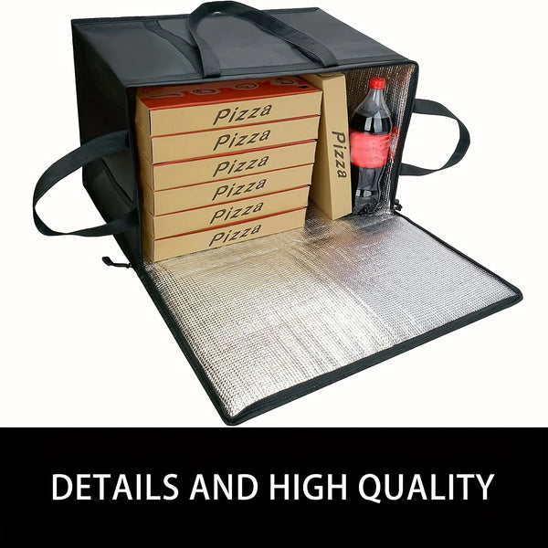 Black foldable insulated food bag with a mesh tray and storage compartments for hot or cold items