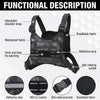 A tactical chest bag featuring an adjustable shoulder strap, waterproof fabric, hook and loop for patching, reflective strips