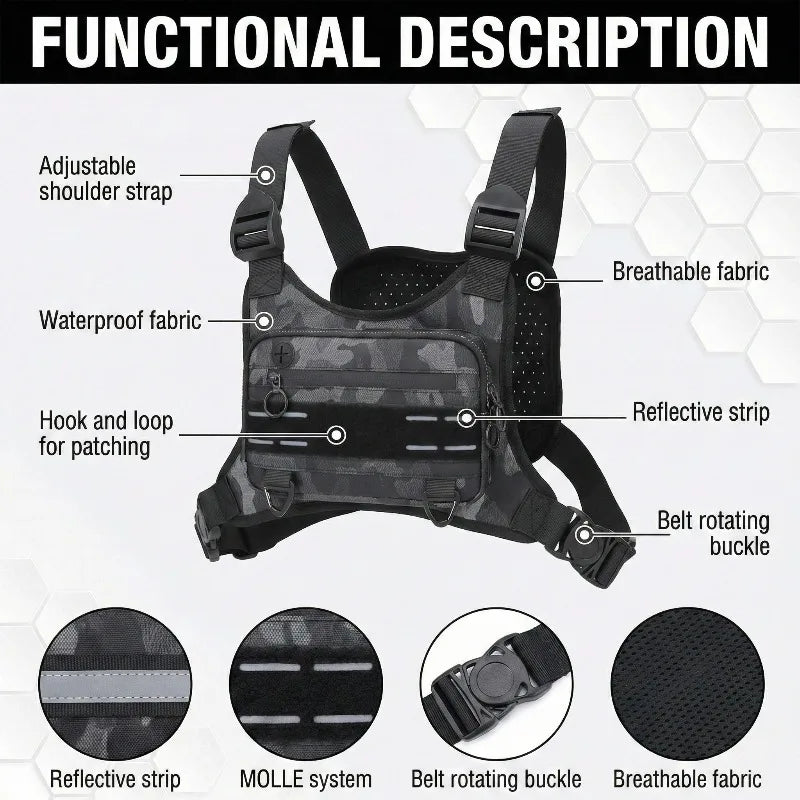 A tactical chest bag featuring an adjustable shoulder strap, waterproof fabric, hook and loop for patching, reflective strips