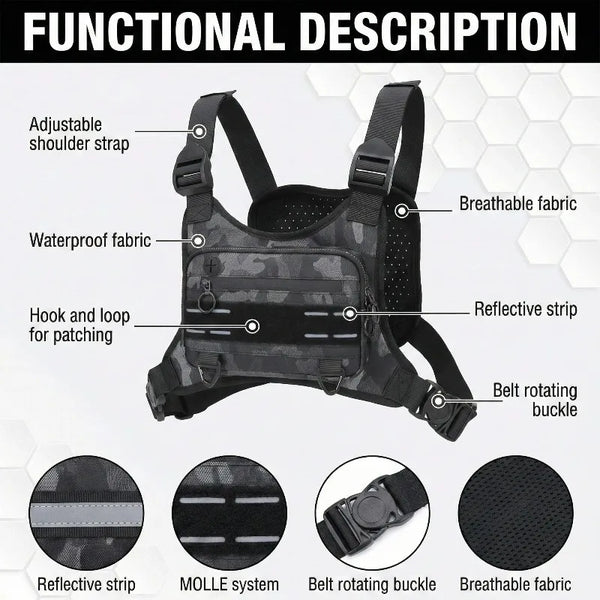 A tactical chest bag featuring an adjustable shoulder strap, waterproof fabric, hook and loop for patching, reflective strips