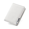 A slim vertical men's card wallet in light gray leather.