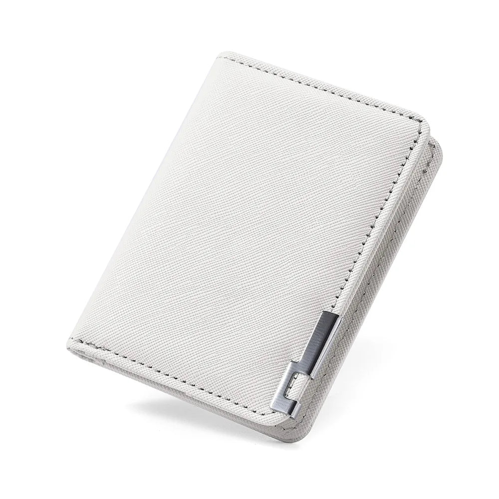 A slim vertical men's card wallet in light gray leather.