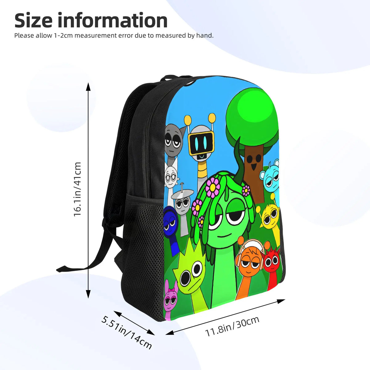 A green and blue cartoon character soft backpack featuring various cute characters.