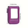 A purple leather card holder wallet with a rectangular slot and zipper, shown in a vertical view.