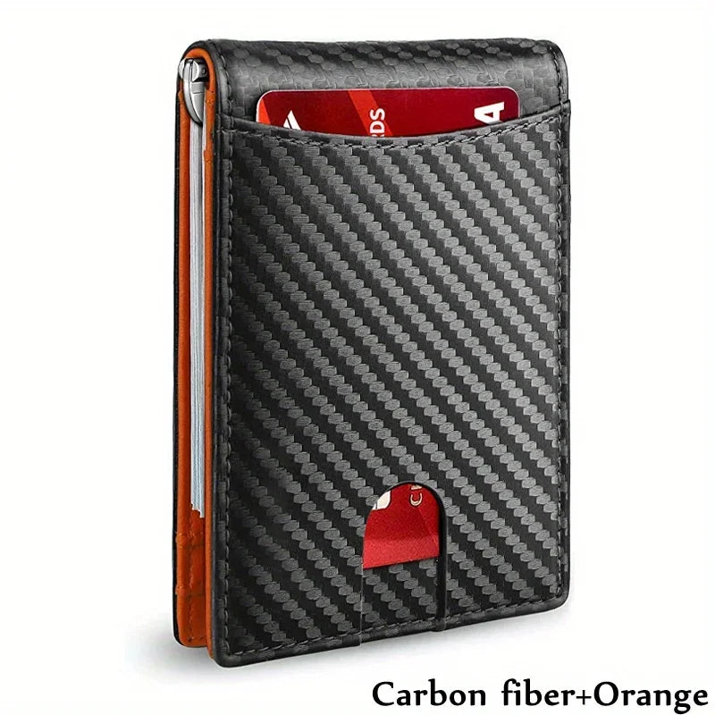 A black carbon fiber wallet with an orange accent, showing a red card slot.
