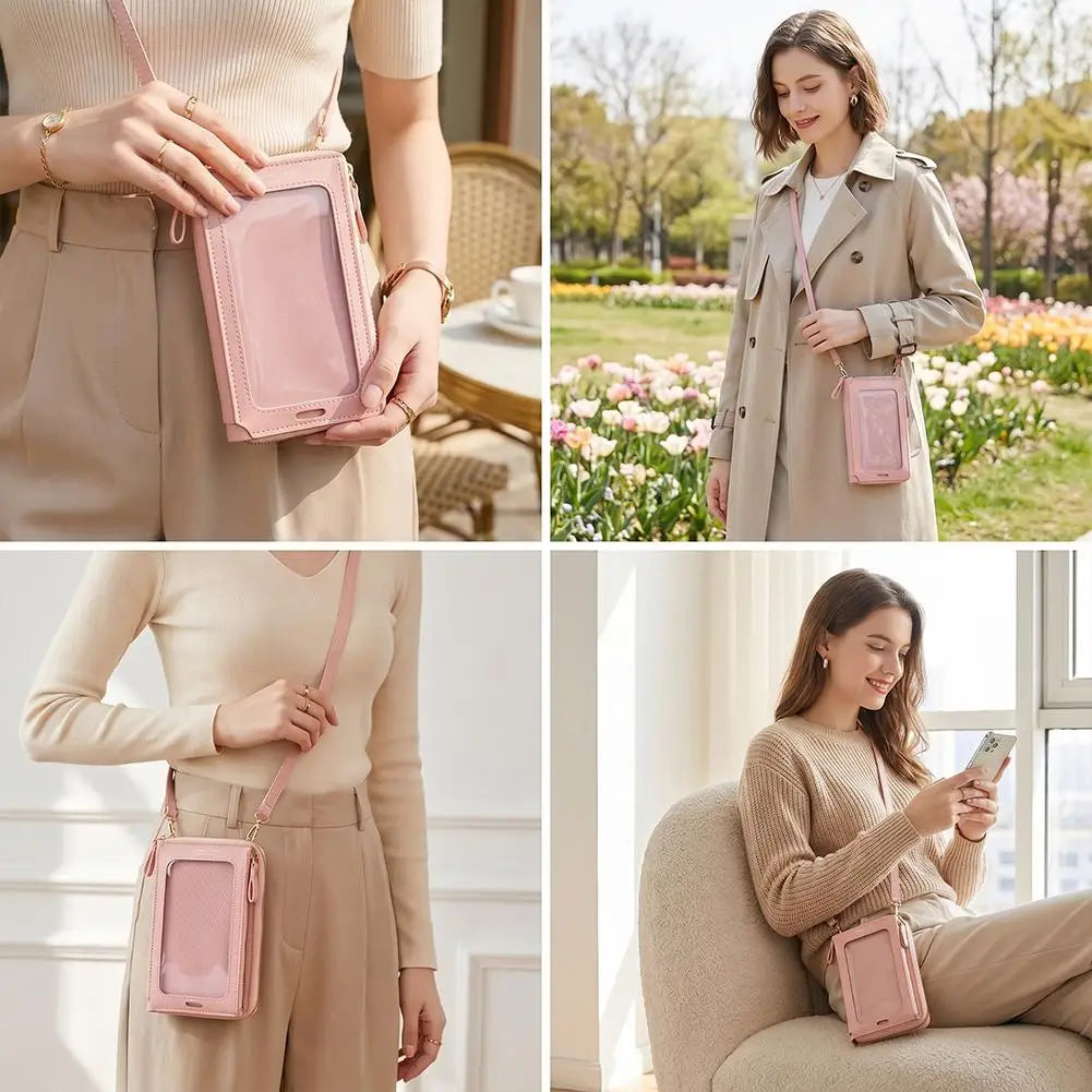 Eine Frau modelliert eine rosa Touchscreen-Crossbody-Handytasche in neutraler Kleidung drinnen und draußen.