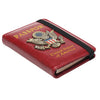 A red leather passport holder with a gold United States eagle badge and black trim.