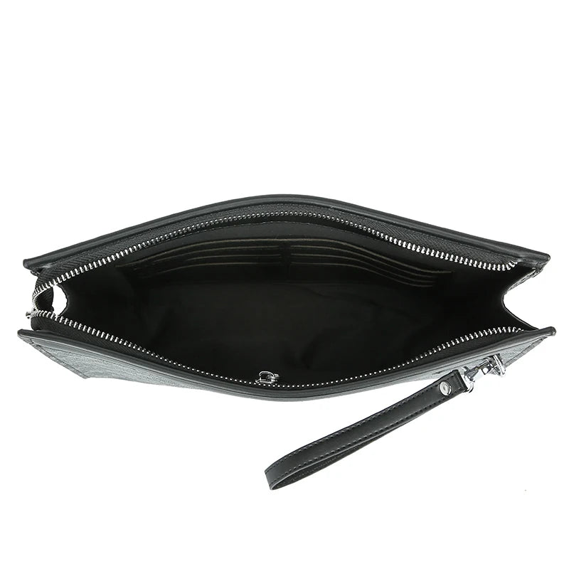 Black luxury PU handbag for men's business and casual use with a leather strap.