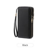 Black leopard print RFID-blocking tri-fold wallet with a wrist strap