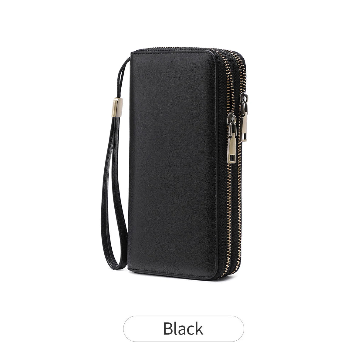 Black leopard print RFID-blocking tri-fold wallet with a wrist strap