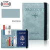 Portefeuille de passeport en cuir bleu clair avec protection RFID et support d'identité à côté d'un symbole de scan.