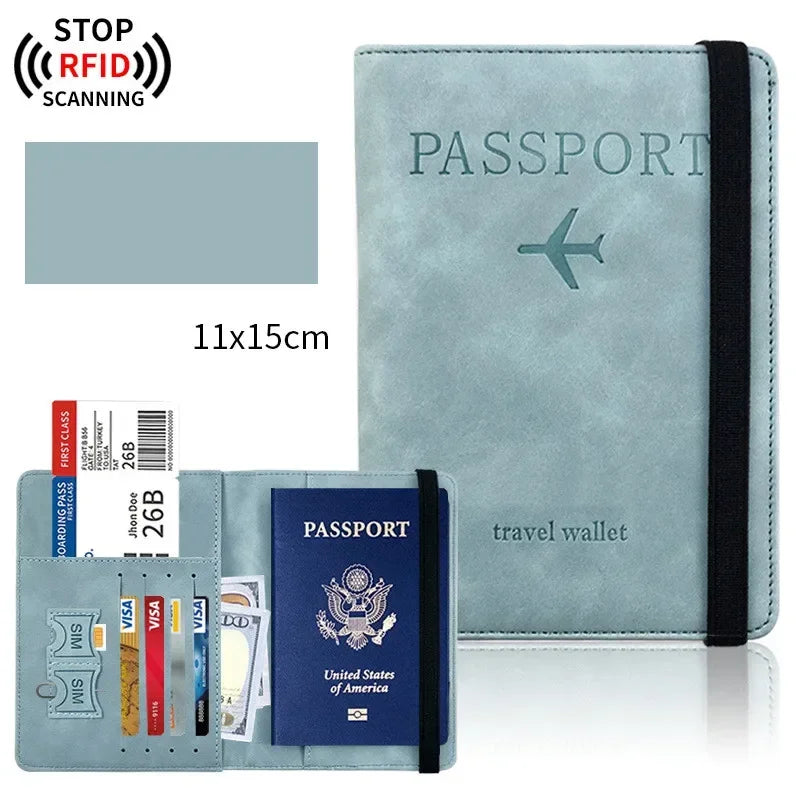 Portefeuille de passeport en cuir bleu clair avec protection RFID et support d'identité à côté d'un symbole de scan.