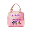 Pink insulated backpack featuring K-Pop and Hunterx characters Zoe, Rumi, and Mira