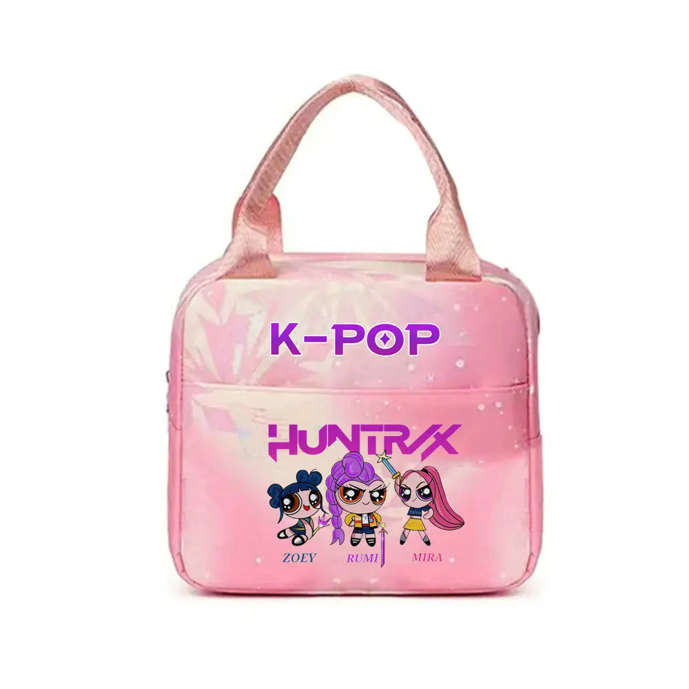 Pink insulated backpack featuring K-Pop and Hunterx characters Zoe, Rumi, and Mira