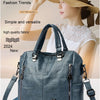 A woman models a blue leather backpack bag with gold hardware, showcasing it against a light background.