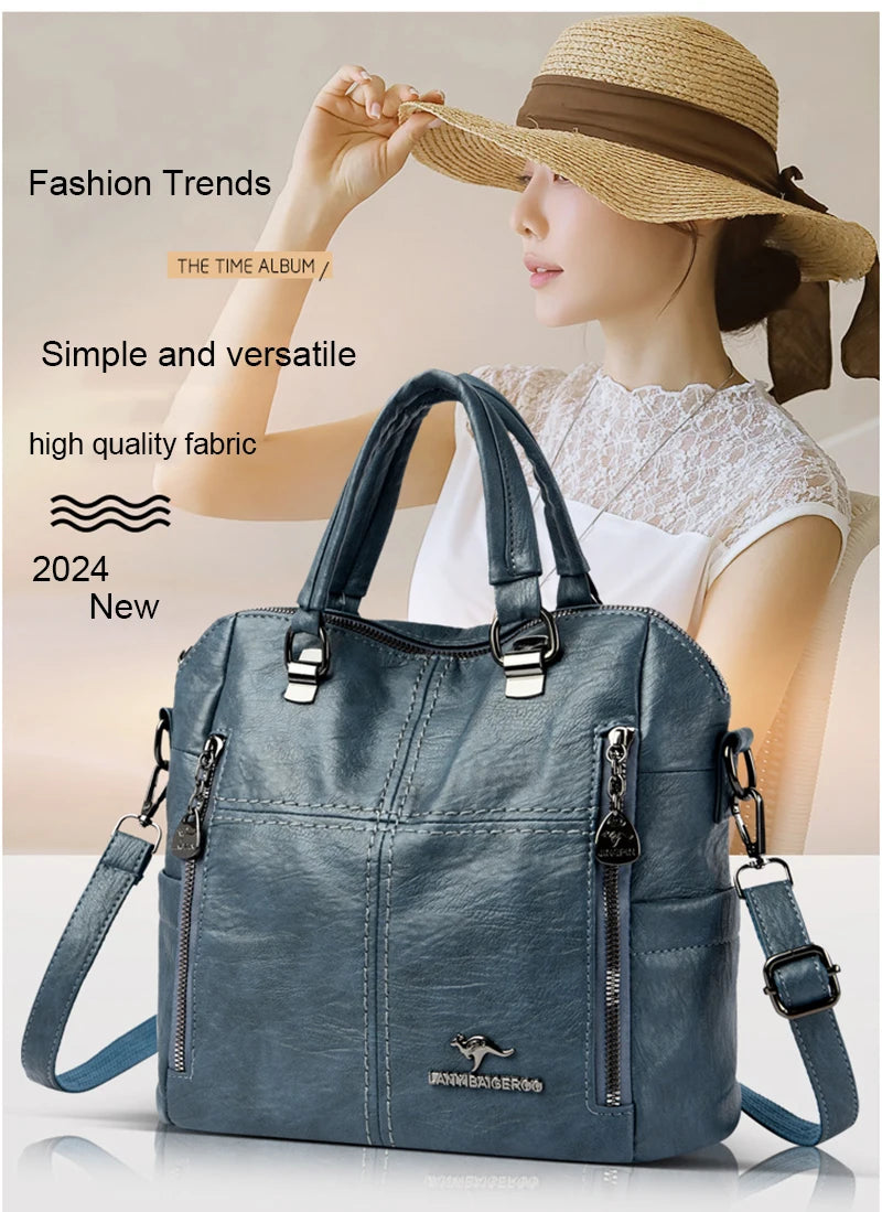 A woman models a blue leather backpack bag with gold hardware, showcasing it against a light background.