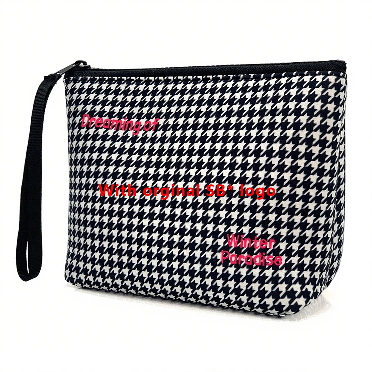 Bolsa cosmética de neopreno impermeable a cuadros blanco y negro con logotipo SB