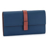 A navy blue genuine cow leather bifold wallet with a brown leather strap.