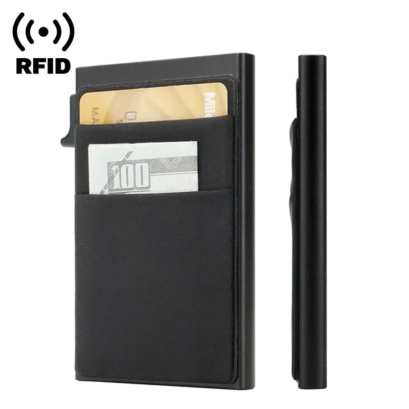 A black slim metal RFID credit card holder wallet and a separate RFID card reader device.
