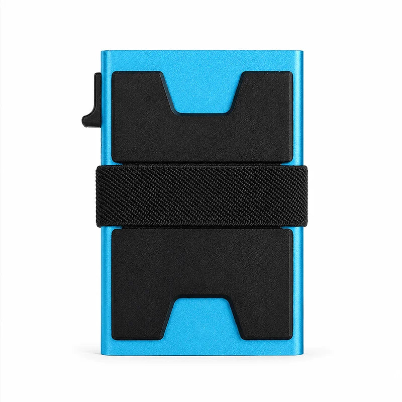 Support de carte anti-RFID minimaliste en plastique bleu et noir avec une sangle noire.