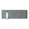A slim gray leather bi-fold wallet featuring a metal money clip.