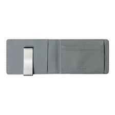 A slim gray leather bi-fold wallet featuring a metal money clip.