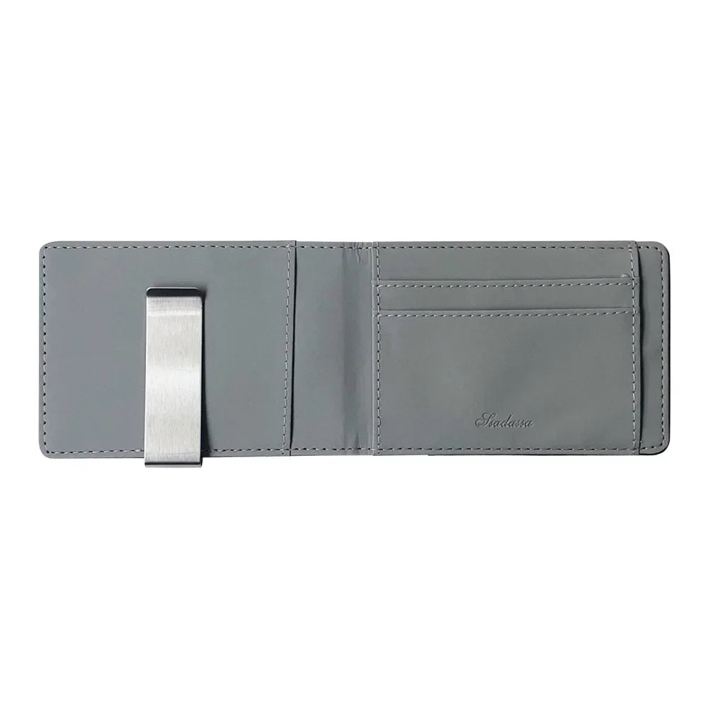 A slim gray leather bi-fold wallet featuring a metal money clip.
