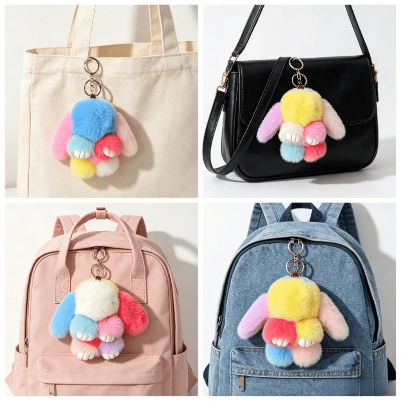 A black shoulder bag featuring a pink and yellow plush rabbit charm with a gold keyring.