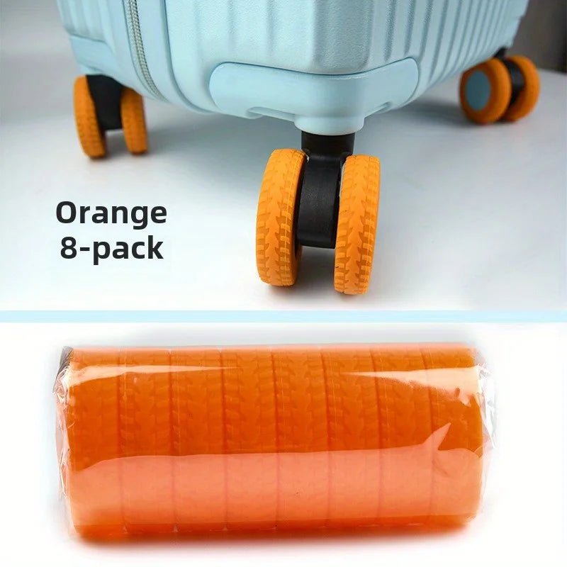 Orange 8-pack of travel luggage wheel protectors with black and orange rubber grips
