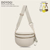 A beige nylon crossbody bag with gold hardware shown against a light background.