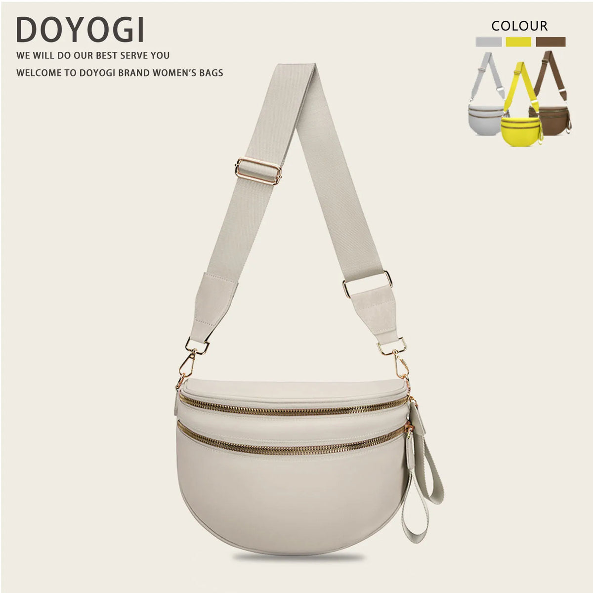 A beige nylon crossbody bag with gold hardware shown against a light background.
