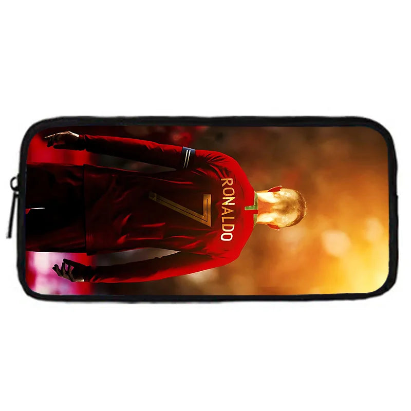 A black pouch featuring a photo of Cristiano Ronaldo in a red jersey celebrating.