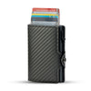 A black carbon fiber RFID pop-up card holder displaying several credit cards.