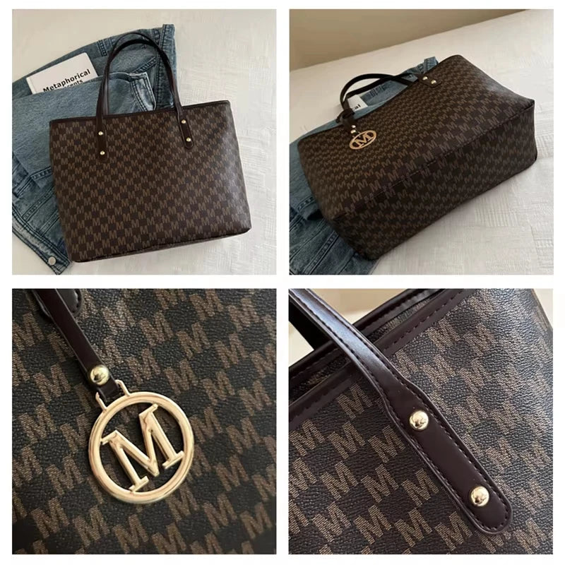 A brown faux leather letter-print tote bag shown in various angles against a white background.