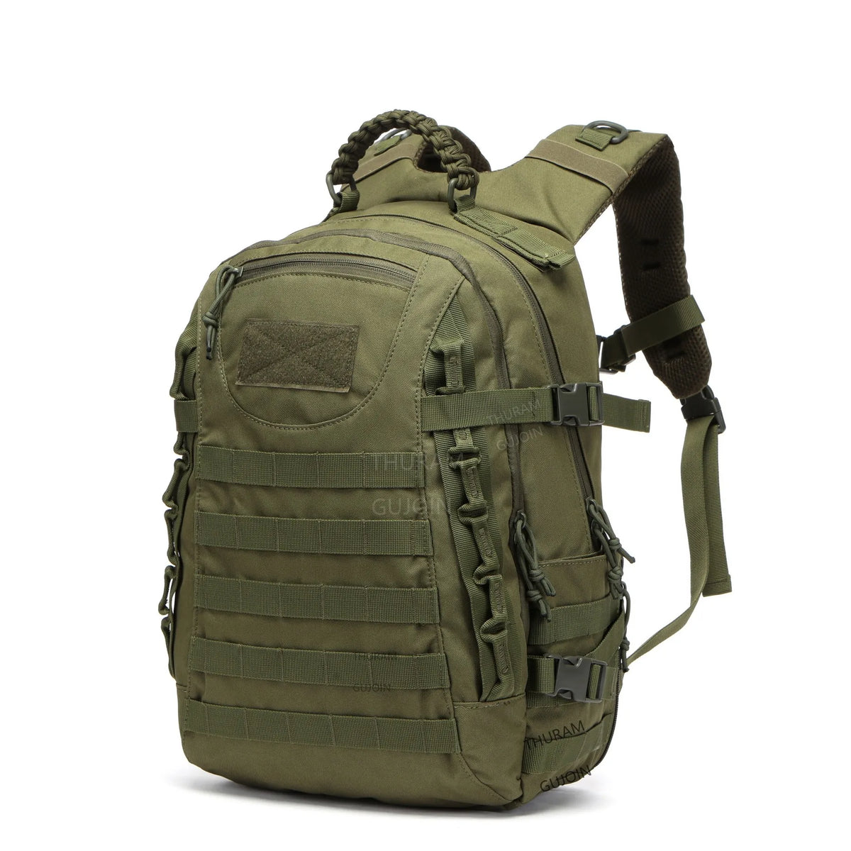 Olive green tactical waterproof backpack with adjustable straps and MOLLE webbing