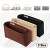 A set of felt organizer pouches in various shades including brown, beige, and black, shown with multiple zipper compartments.