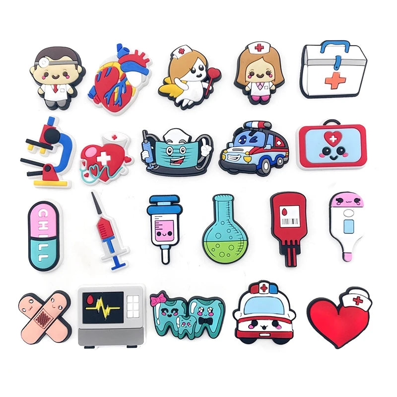 A collection of decorative shoe charms and pins featuring various medical, cartoon, and themed icons.