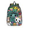 A colorful sport backpack featuring various cute animal and character designs on a teal background.