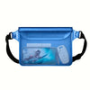 A blue waterproof mobile phone pouch with a strap, featuring a clear window for viewing the phone.