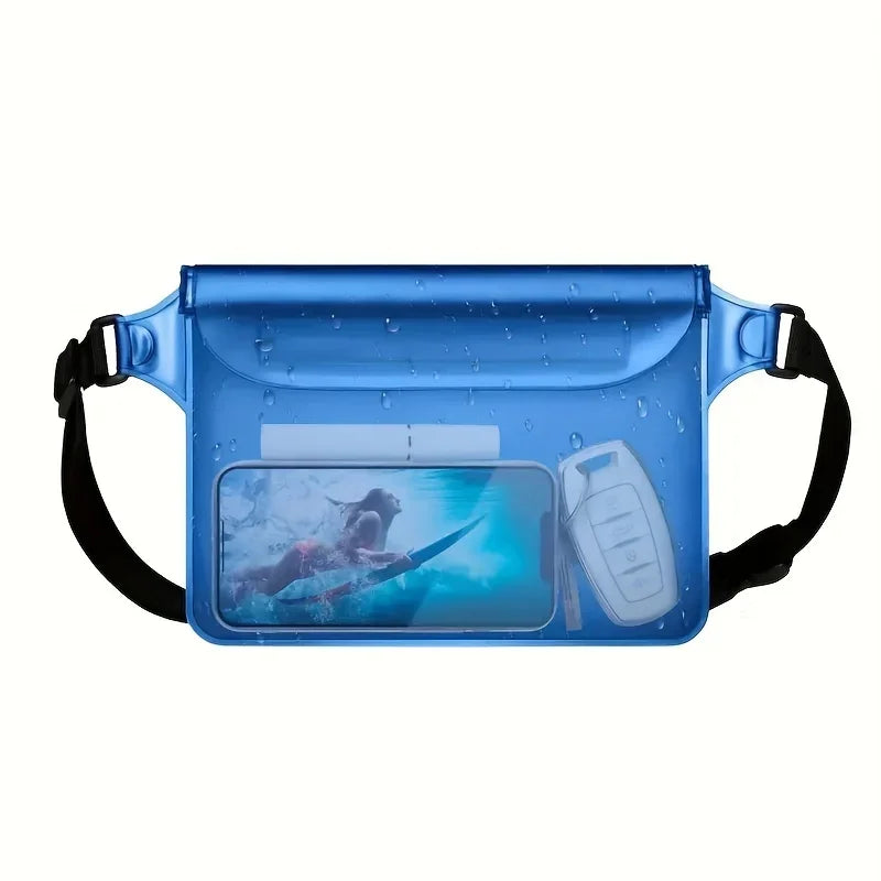 A blue waterproof mobile phone pouch with a strap, featuring a clear window for viewing the phone.