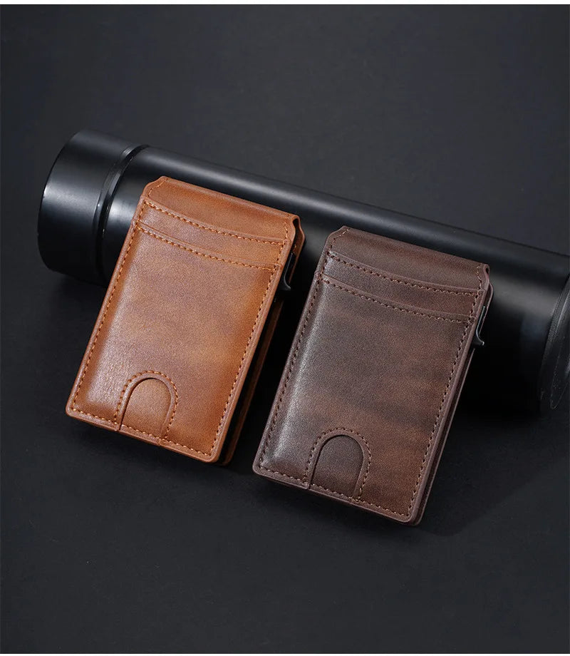 A brown PU leather card holder wallet is shown resting on a black cylindrical object.