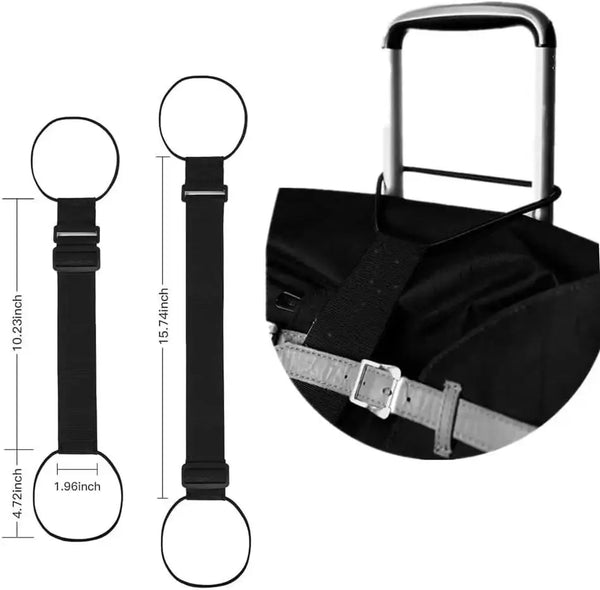 Black adjustable luggage strap with metal loops and a padded strap for securing bags