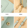 Show details of a luxury women's crossbody shoulder bag showing the turner, zipper, magnetic buckle, and shoulder strap.