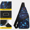 A dark blue waterproof crossbody chest bag with a geometric pattern, featuring an exquisite pull head and adjustable shoulder