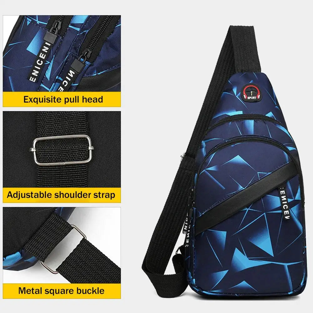 A dark blue waterproof crossbody chest bag with a geometric pattern, featuring an exquisite pull head and adjustable shoulder