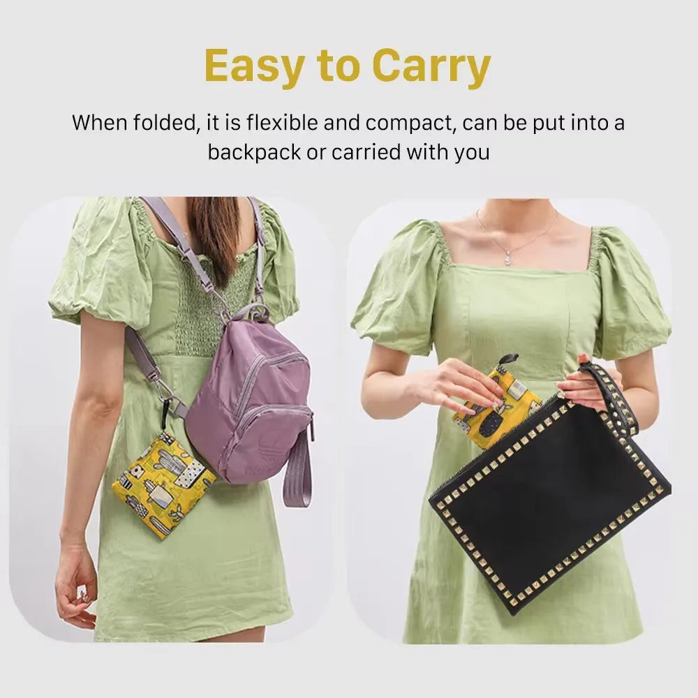 A woman is shown carrying a purple foldable reusable shopping bag on her shoulder and a black leather pouch in her hand.