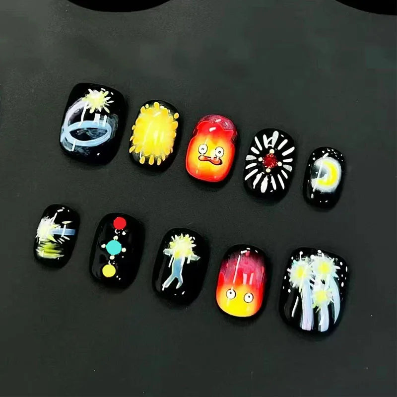 A set of cute cartoon press-on nails featuring various designs including a tree, yellow dots, and expressive faces on black t