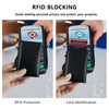A black carbon fiber RFID blocking card holder is shown being used for RFID protection and card identification.